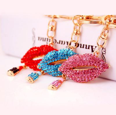 China Wholesale Hot Sale Design Key Ring Rhinestone Lip Gloss Lipstick Holder Lip Keychains Environmental Friendly New for sale