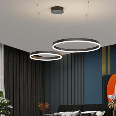 China Unique Simple Shape +High Grade LED Decorative Ceiling Hanging Pendant Lights Surround Rings Acrylic Black Luxury Modern LED Chandelier Lamp for sale