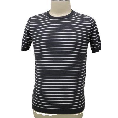 China Anti-wrinkle 14GG fashion men's short sleeve knitwear cool black striped men's short sleeve knitwear for sale