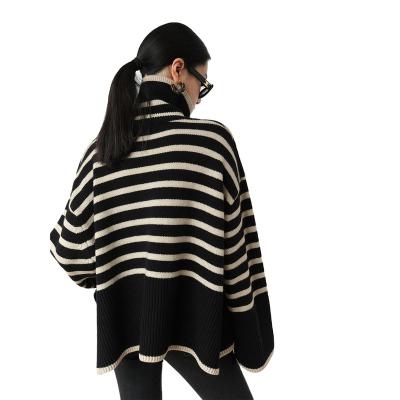 China High Neck Anti-wrinkle Striped Top Fashion Women's Loose Lazy Wind Knitted Sweater Women's Pullover for sale