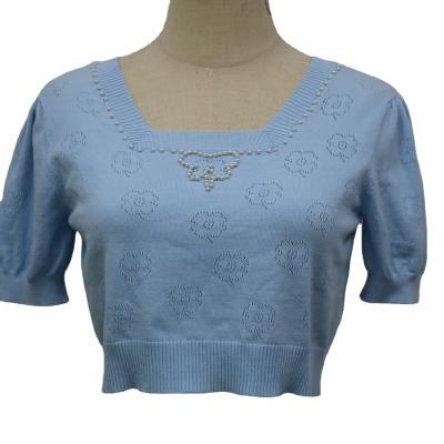 China Women's Knitted Sweater Anti-wrinkle 14GG Sky Blue Women's Beaded Sweater Belly-Breaking Warm Short Sleeve Studded Collar Style for sale