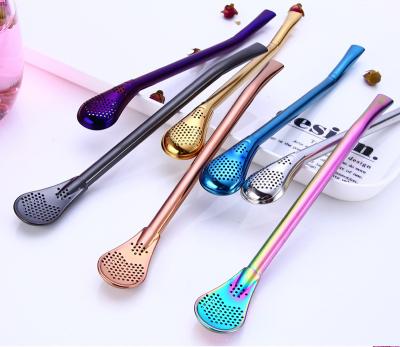 China 304 Stainless Steel Viable Reusable Colorful Filter Spoon Bombilla Straw KTV Bar Metal Straws for sale