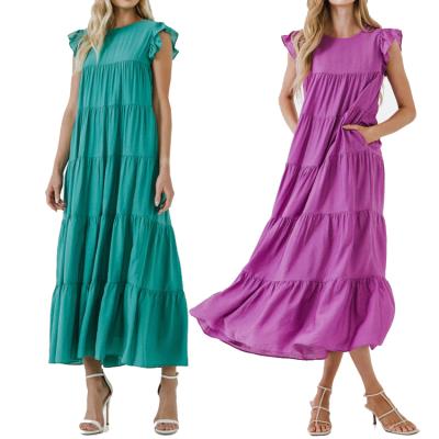 China Dry cleaning 2022 plus size summer 100% cotton hat sleeve ruffle maxi summer loose casual dress with pockets for sale