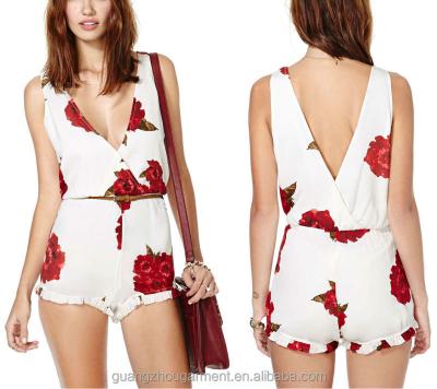 China Anti-wrinkle women plunging neckline jumpsuit white rose printed short rompers for sale