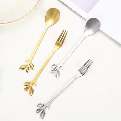 China Sustainable Stainless Steel Leaf Spoon Fork Coffee Stirring Creative 304 Spoon Table Fruit Fork Hanging Handle for sale