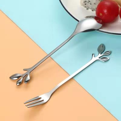 China Sustainable Creative Long Handle Food Grade Color 304 Stainless Steel Ice Cream Dessert Cafe Stirring Spoon and Fork for sale