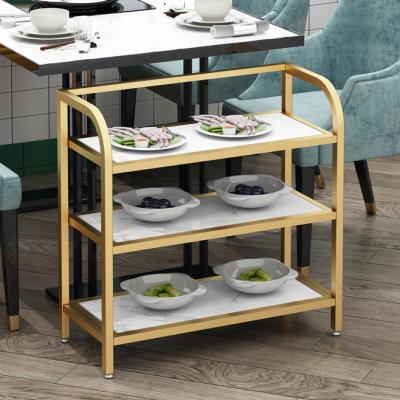 China Advertising Hot Commercial Three-Layer Shelf Side Table Display Rack Restaurant Golden Light Luxury Kitchen Dining Small Pot Car for sale