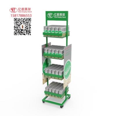 China Double Sided Metal Shelving Display with Wheels 4 Shelves and Headers for sale