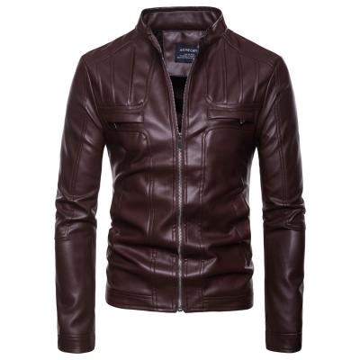 China Custom Casual Long Sleeve Trim Leather Coat Windproof Men Standing Collar Leather Jacket for sale