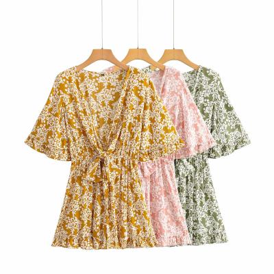 China Breathable Patchwork Lace Print Overalls Women Tied Casual Dress Summer Deep V Neckline Shorts Overalls for sale