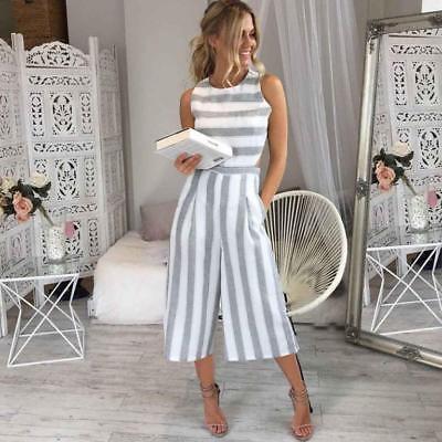 China Breathable Loose Wide Leg Three Quarter Pants Striped Sleeveless Pantsuit Backless Overalls For Women for sale