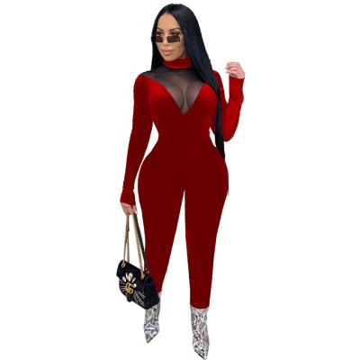 China Solid Color Breathable Mesh Long Sleeve One Piece Suit Spliced ​​Slim Fit Jumpsuits Ladies Overalls for sale