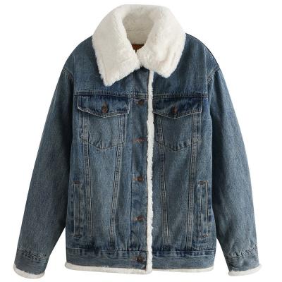 China Keep Warm Fur Collar Coat Vintage Lambhair Denim Padded Jackets Loose Coat for sale