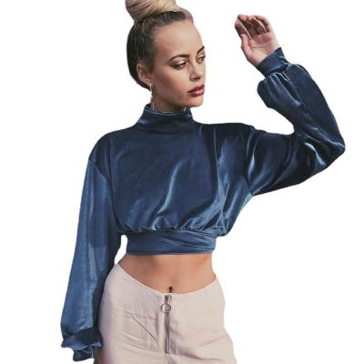 China Stand Collar Solid Color Jacket Hot Elegant Women Casual Slim Long Sleeve Crop Tops Blouse for sale