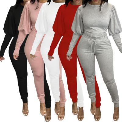 China New QUICK DRY bubble sleeve long sleeve tops Casual Autumn Solid Color Slim Women's Clothing Set Pants Suit for sale