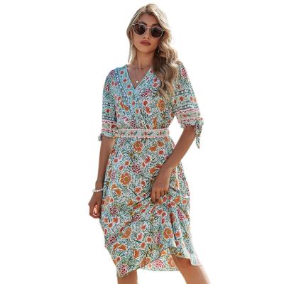 China Custom Viable V Neckline Boho High Waist Boho Dress A Line Midi Skirt Elegant Women Casual Outfits for sale