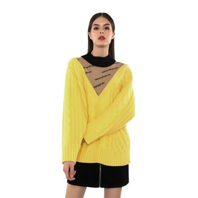 China Anti-wrinkle autumn winter long sleeve round necked striped sweater with yellow sleeves for women's sweaters for sale