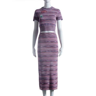 China OEM ODM Custom Round Neck Purple Striped Top Women Breathable Short Sleeve Dress Knit Bag Hip Skirt Set for sale