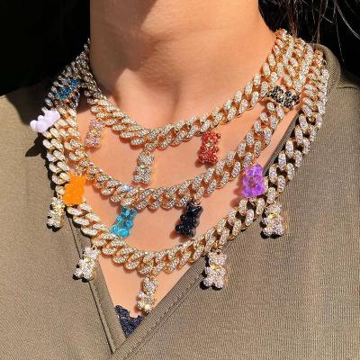 China Ladies CIA Fashion Cuban Chain Colorful Transparent Gummy Bear Pendant Necklace Set With Diamond Ice Tennis Chain Necklace For Girls for sale