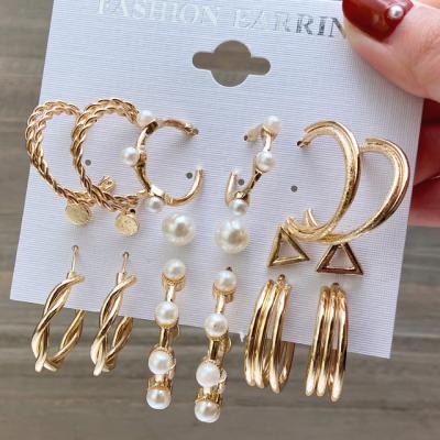 China New FASHIONABLE style inlaid pearl drop earrings women metal gold plated circle earrings set women 6pairs/set for sale