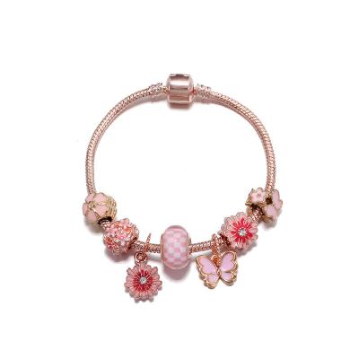 China DIY Beads Small Daisy Butterfly Charm Bracelet Flower Chain Bracelet Fashion DIY Adjustable Copper Snake Beaded Pink Jewelry for sale