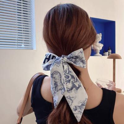 China Retro Silk Bow Tie Scarf Fashion Print Fruit Ribbon Hair Band Women Tie Hairponytail Hair Accessories for sale