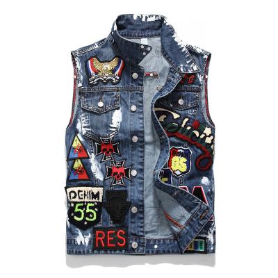 China 9028 Viable Blue Denim Jacket No Sleeve Jean Denim Jacket Print Sleeveless Denim Jacket OEM for sale