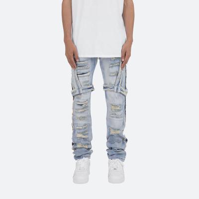 China Color Fade Proof Custom Style Jeans For Man 100% Cotton Distressed Patchwork Ripped Destroyed Straight Denim Pant for sale