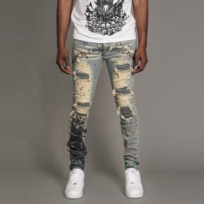 China Color Fade Proof New Design Custom Style Jeans For Man Ripped Patchwork Splatter-ink plus size jeans regular 100% cotton for sale