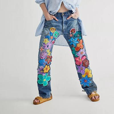 China J7072 Wholesale Color Fade Proof Blue Jeans Wide Area Flower Embroidery And High Waist Women Jeans for sale