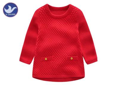 China Plain Color Girls Knitted Dress Crew Neck Long Sleeves With Fake Pockets for sale