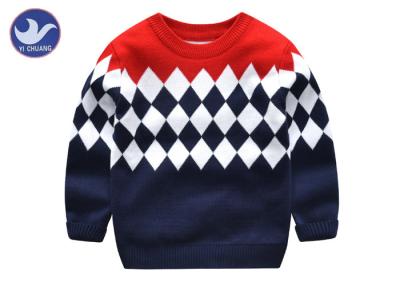 China Diamond Jacquard Boys Knit Pullover Sweater Long Sleeves Double Layers Neck for sale