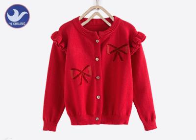 China Sweet Butterfly Ribbon Girls Red Cardigan Sweater , Girls Knitted Cardigan Crew Neck for sale