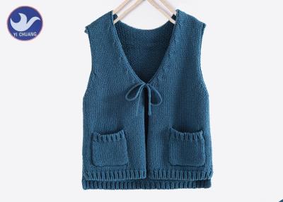 China V Neck Sleeveless Girls Cardigan Sweaters Two Pockets Bandage Closure Computer Knitted for sale