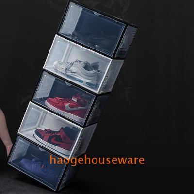 China Transparent Stackable Morden Magnetic Organizer aj Acrylic Case Sneaker Easy Storage Boxes Drop Lady Men's Side Shoebox for sale