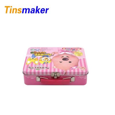 China Beautiful Recyclable Tin Can Wholesale Custom Pink Color Tin Handle Metal Lunch Box for sale