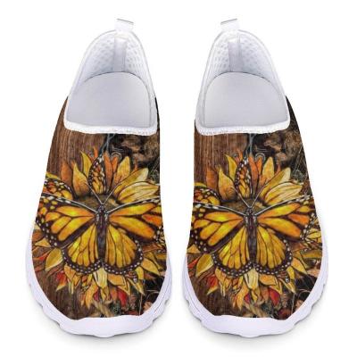 China Fashion Trend Custom Wholesale Art Sunflower Butterfly Design Women's Casual Shoes Slip On Sneakers Outdoor Sports Light Breathable Mesh Shoes for sale