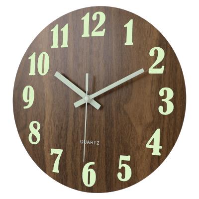 China Antique Night Light Fluorescence MDF Style Night Glow Wooden Luminous Wall Clock for sale