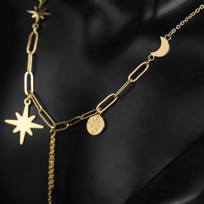 China Custom Titanium Gold Plated Pearl Moon Star Pendant Necklace Environmentally Friendly Statement Jewelry 18K Stainless Steel For Women for sale