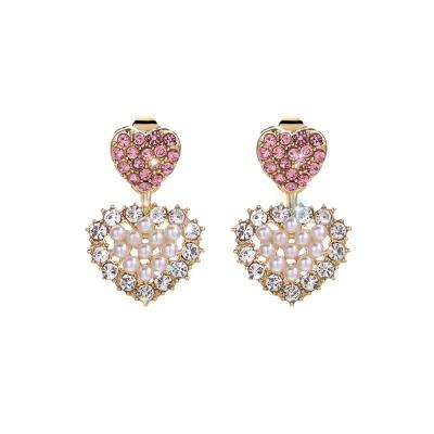 China New Fashion Jewelry Wholesale 14K 18K Gold Cute Charm Heart Shaped S925 Rhinestone Pearl Earrings Women Silver Earings for sale