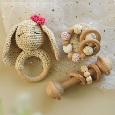 China Wholesale Hot Sale Wooden 3Pcs Soft Toy Rabbit Teether Set For Baby for sale