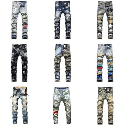 China Other Men's Distressed Destroyed Badge Pants Art Patches Skinny Biker White Jeans Slim Trousers Men Denim Jeans for sale