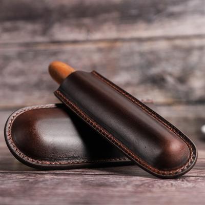 China Customized Single Cigar Humidor Portable Single Humidor Travel Tube Cigar Holder Oil Cowhide Genuine Leather Finger Case for sale