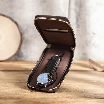 China Luxury and Vintage Nubuck Leather Zippered Watch Storage Case Holder Protector Microfiber Leather Soft Coating Men Watch Carrying Case Pouch for sale