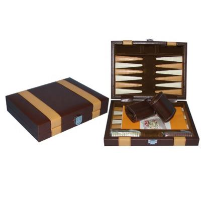 China Promotion Luxury Backgammon Set Premium Faux Leather Gamem Case Classic Felt Board With Hinges 11 Inch Travel Backgammon for sale