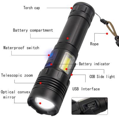 China Portable Emergency Aluminum Alloy Flashlights With Rechargeable Battery Cable Flashlight Rechargeable COB Led Flashlight for sale