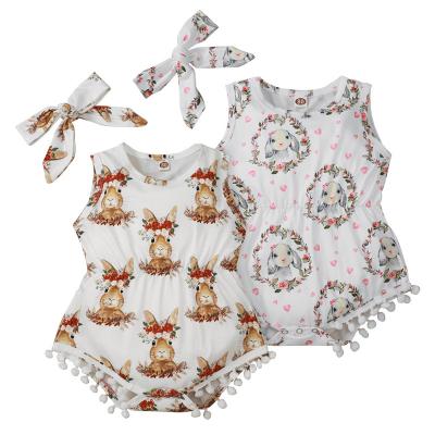 China Infant Baby Bunny Rompers Flower Print Bunny Outfits Sleeveless Pom Rabbit Toddler Sleveeless Easter for sale