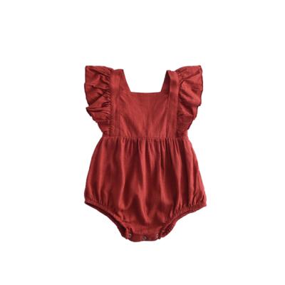 China Cheap Cotton Linen Long Sleeve Newborn Summer Clothes Babies Playsuits Ruffled Jumpsuit Single Red Infant Fly Sleeve Overalls for sale