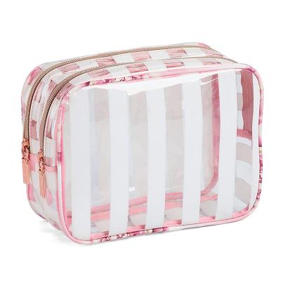 China Wholesale Fashion Clear PVC Makeup Waterproof Beauty Multicolor Stripe Pink Customized OEM Cute Transparent PVC Toiletry Cosmetic Bag for sale