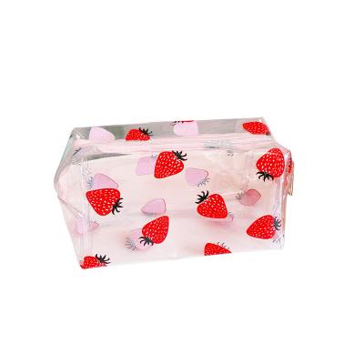 China Fashion Cosmetic Bags Travel Cute Transparent Clear Strawberry Printing Zipper Pouch PVC Makeup Pouch Toiletry Bag Cute Cosmetic for sale